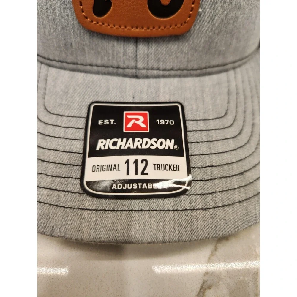 Richardson 112 Pig Square Leather Patch Trucker Hat Gray‎ Black Adjustable Snap